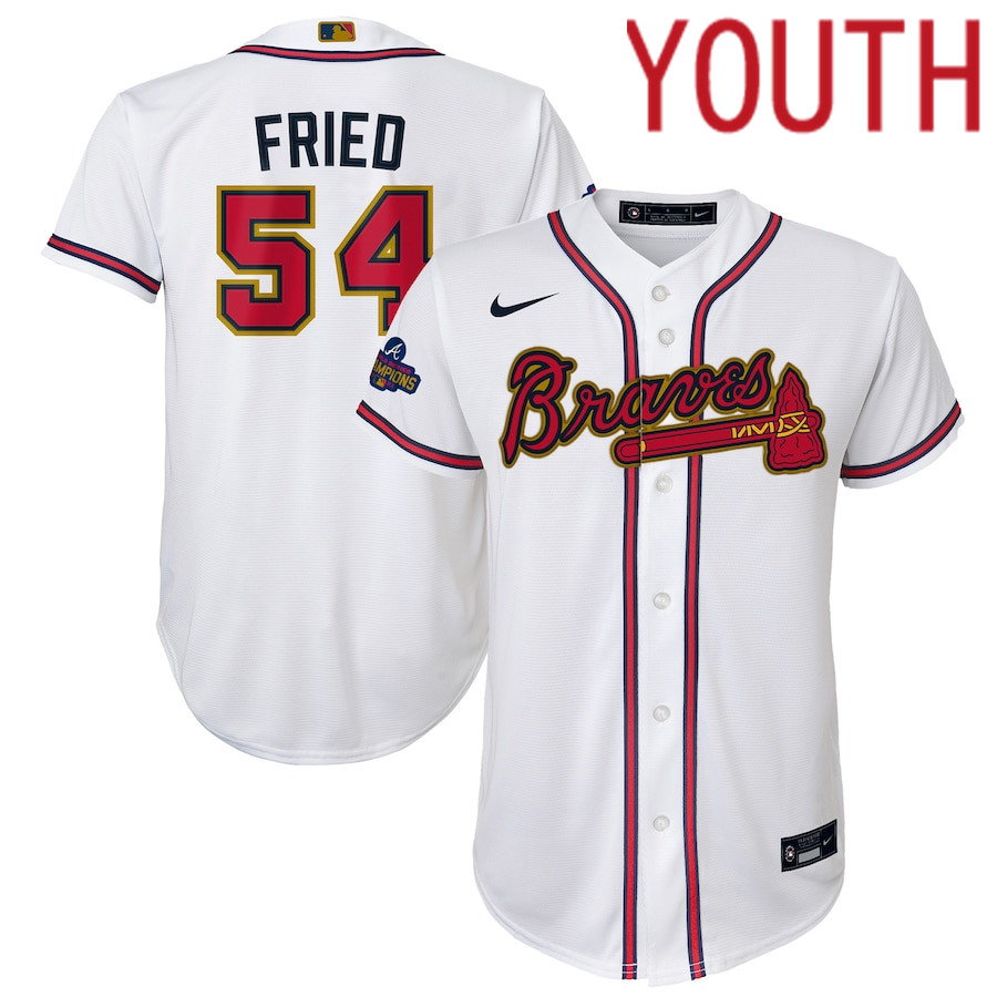 Custom Youth Atlanta Braves 54 Max Fried Nike White 2022 Gold Program Replica Player MLB Jersey